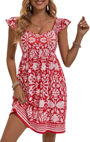 LOLOCCI Bohemian Sweetheart Neck Ruffle Sleeve Midi Smocked Sundress Teens Flowy Patchwork Floral Milkmaid Dress with Pockets