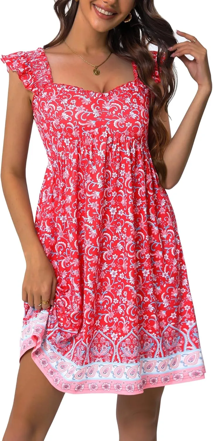 LOLOCCI Bohemian Sweetheart Neck Ruffle Sleeve Midi Smocked Sundress Teens Flowy Patchwork Floral Milkmaid Dress with Pockets