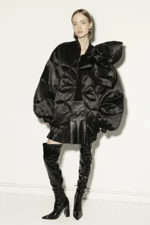 Long insulated bomber jacket with a 3d flower decor