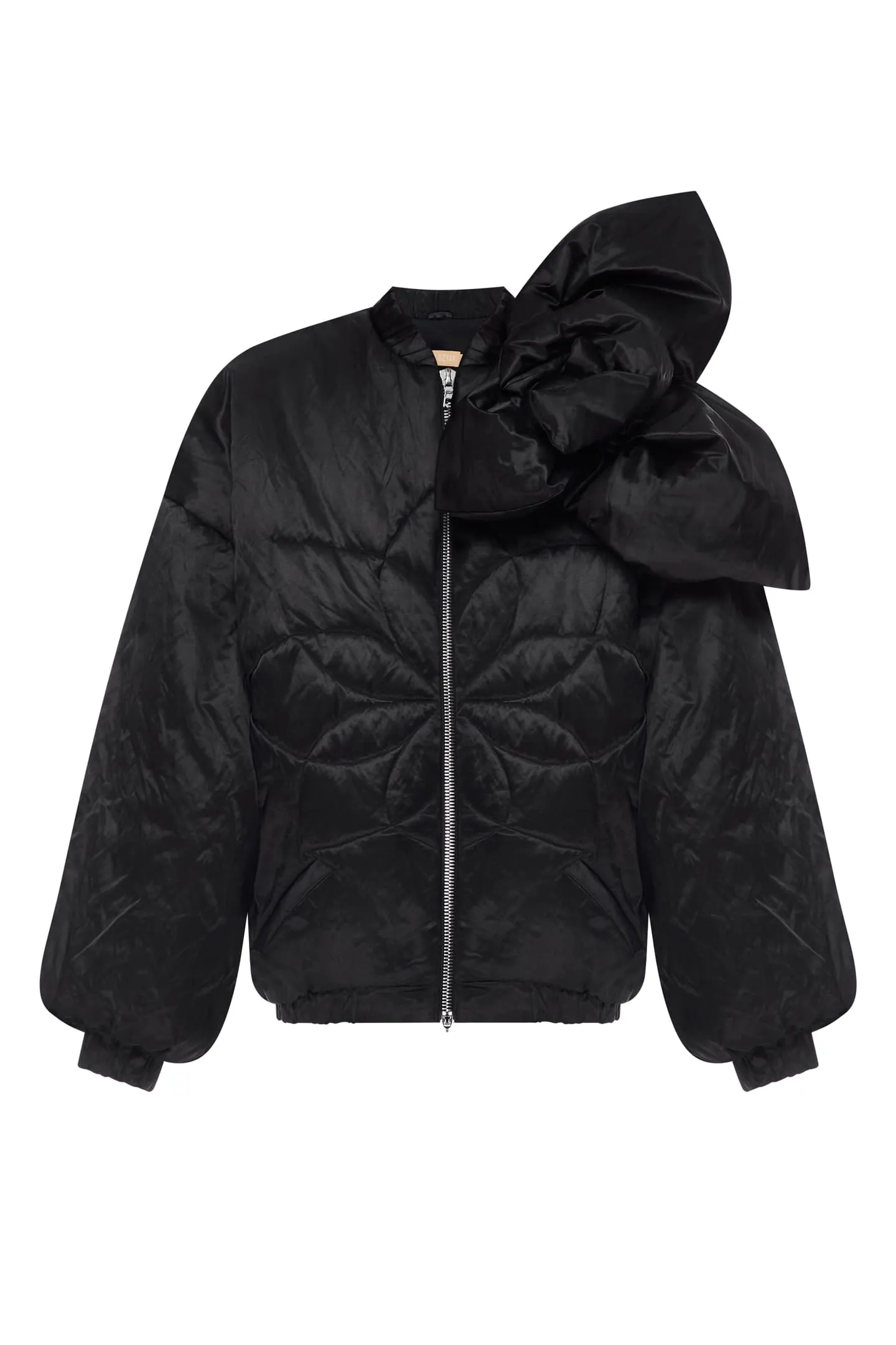 Long insulated bomber jacket with a 3d flower decor