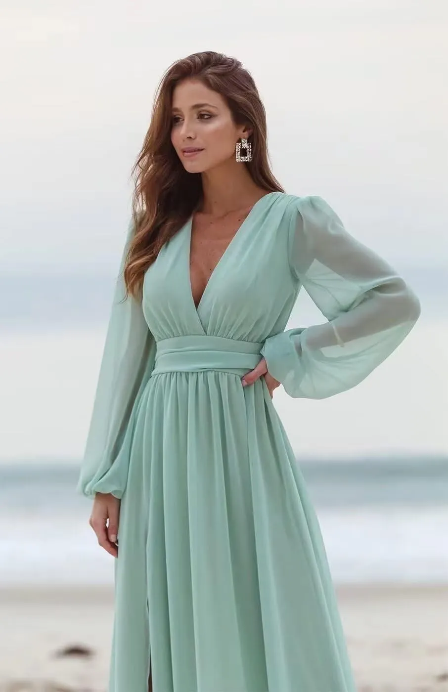 Long Sleeve Bridesmaid Dresses with Slit for Women V Neck A Line Pleated Chiffon Evening Prom Formal Gowns