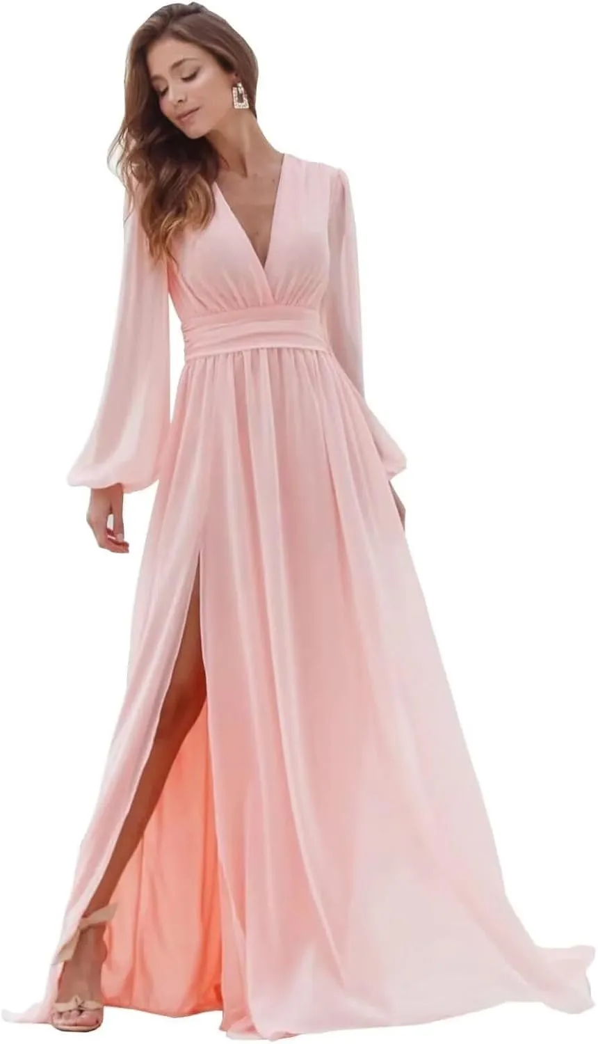 Long Sleeve Bridesmaid Dresses with Slit for Women V Neck A Line Pleated Chiffon Evening Prom Formal Gowns