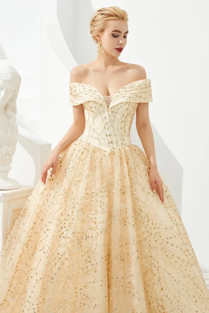Luxury Off-the-Shoulder Tulle Ball Gown Sequins Princess Party Gown for Girls