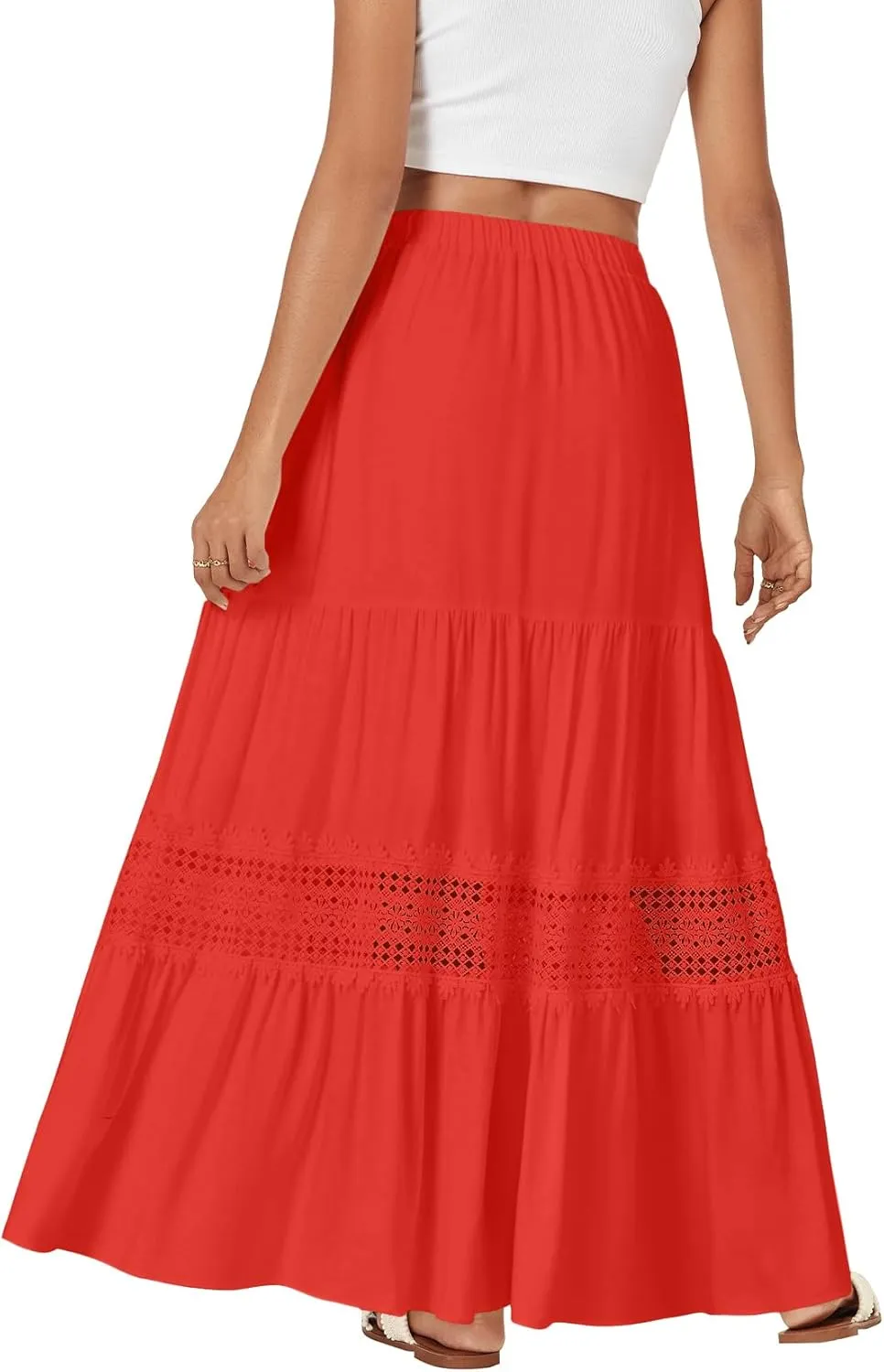 LYANER Women's Ruffle Tiered Long Skirt Elastic High Waist Pleated Lace Trim A-line Boho Maxi Skirts