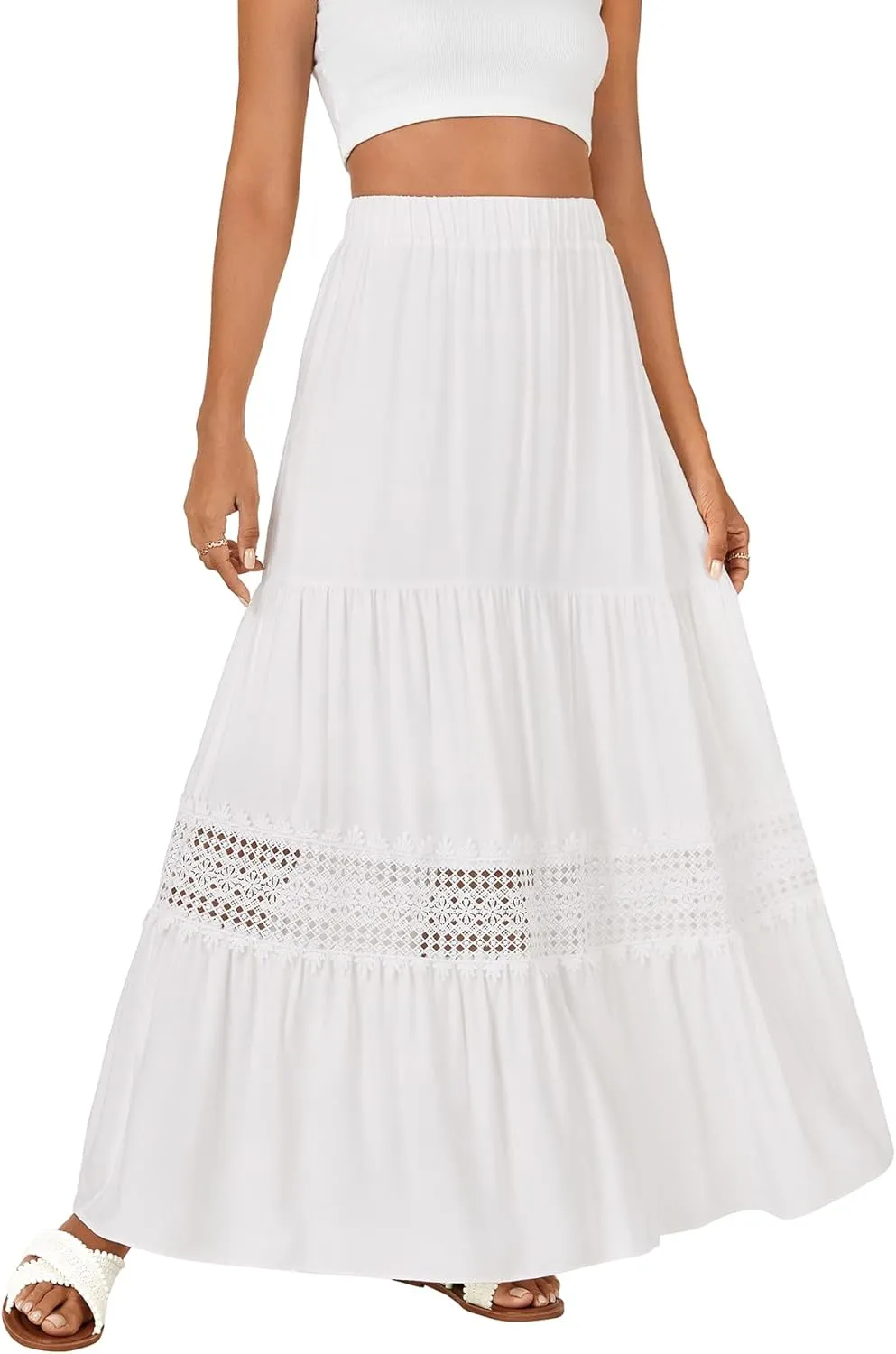 LYANER Women's Ruffle Tiered Long Skirt Elastic High Waist Pleated Lace Trim A-line Boho Maxi Skirts