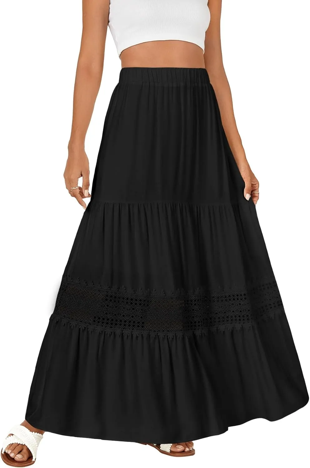 LYANER Women's Ruffle Tiered Long Skirt Elastic High Waist Pleated Lace Trim A-line Boho Maxi Skirts