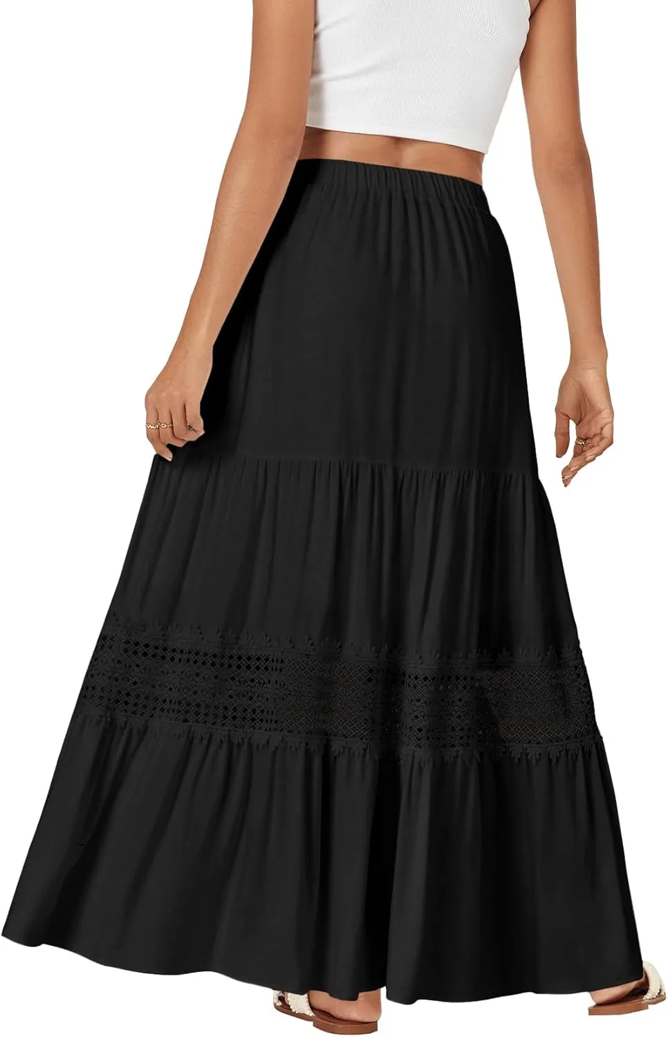 LYANER Women's Ruffle Tiered Long Skirt Elastic High Waist Pleated Lace Trim A-line Boho Maxi Skirts