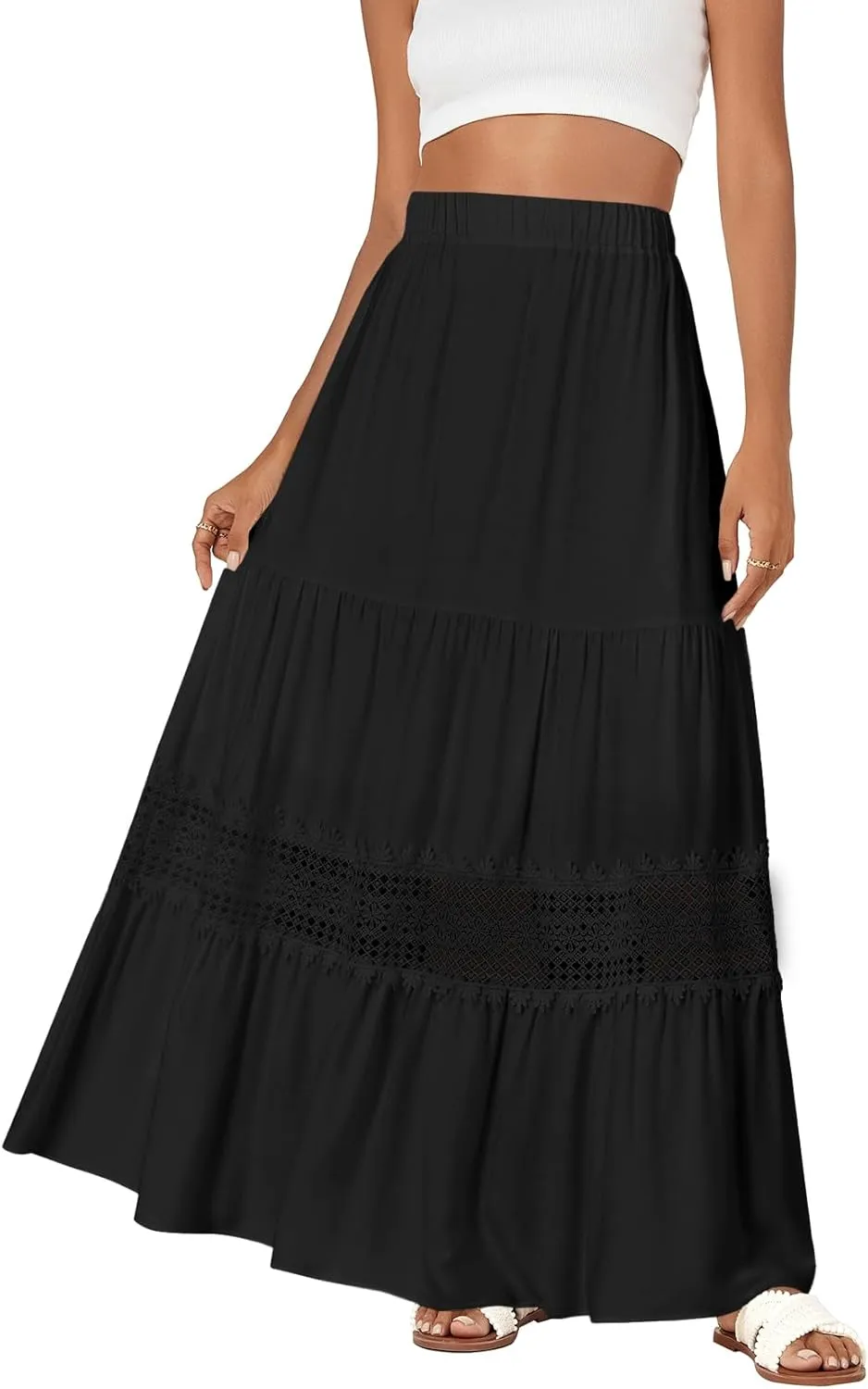LYANER Women's Ruffle Tiered Long Skirt Elastic High Waist Pleated Lace Trim A-line Boho Maxi Skirts