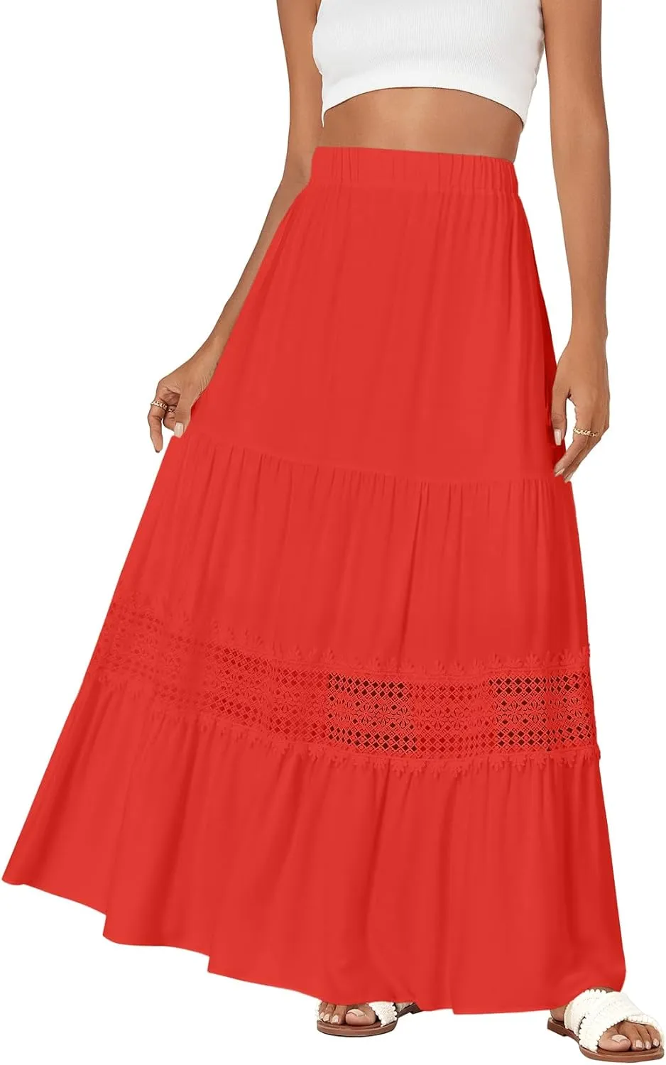 LYANER Women's Ruffle Tiered Long Skirt Elastic High Waist Pleated Lace Trim A-line Boho Maxi Skirts