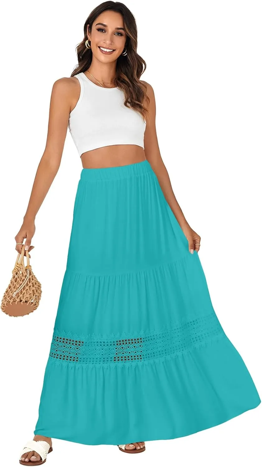 LYANER Women's Ruffle Tiered Long Skirt Elastic High Waist Pleated Lace Trim A-line Boho Maxi Skirts