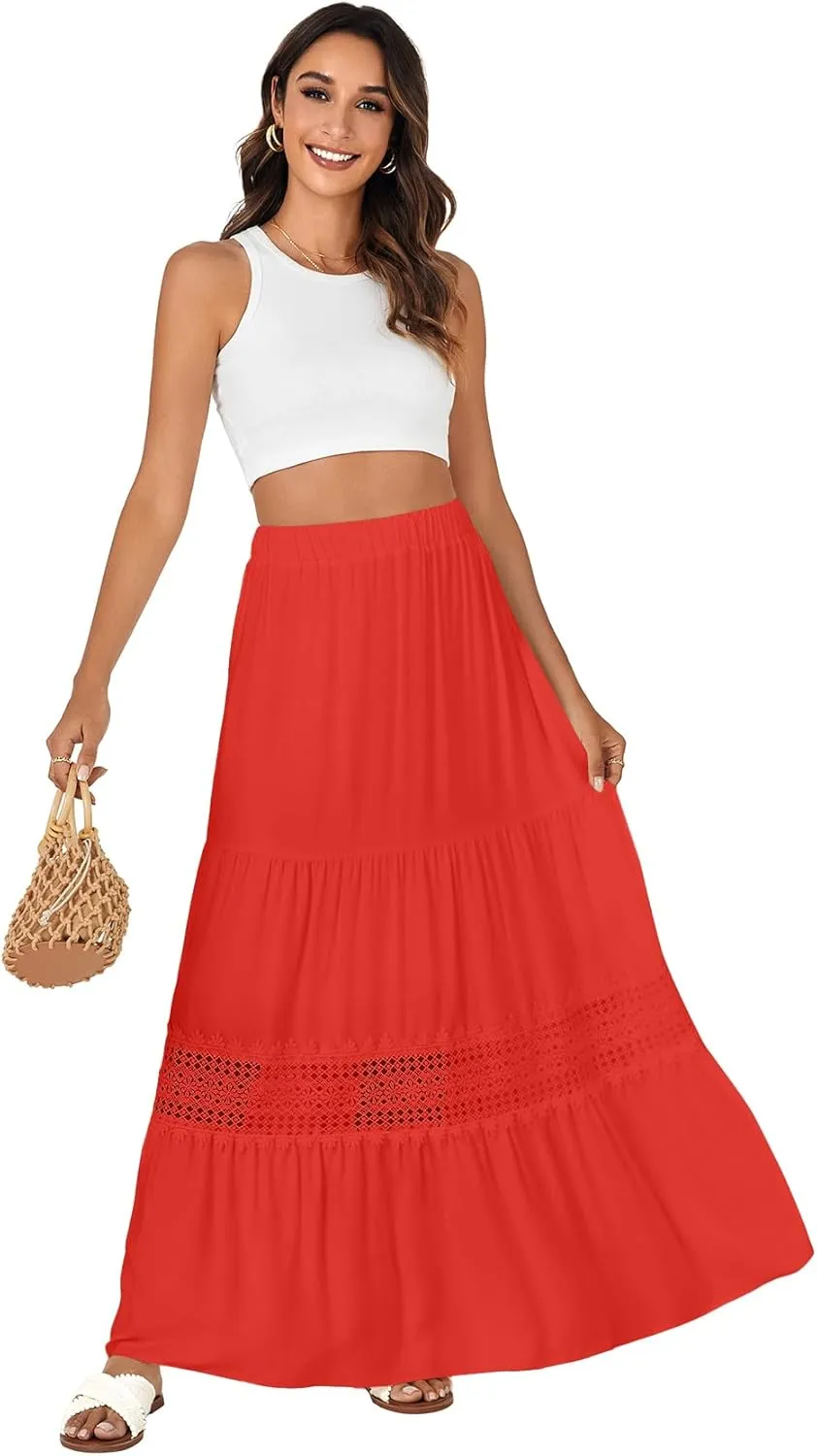 LYANER Women's Ruffle Tiered Long Skirt Elastic High Waist Pleated Lace Trim A-line Boho Maxi Skirts