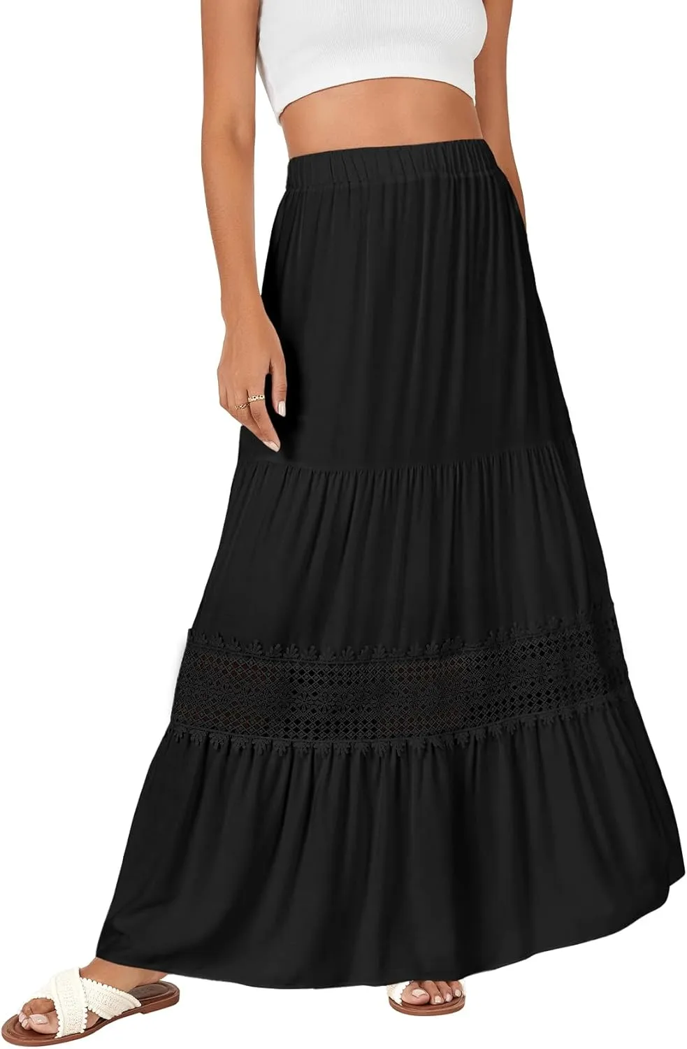 LYANER Women's Ruffle Tiered Long Skirt Elastic High Waist Pleated Lace Trim A-line Boho Maxi Skirts