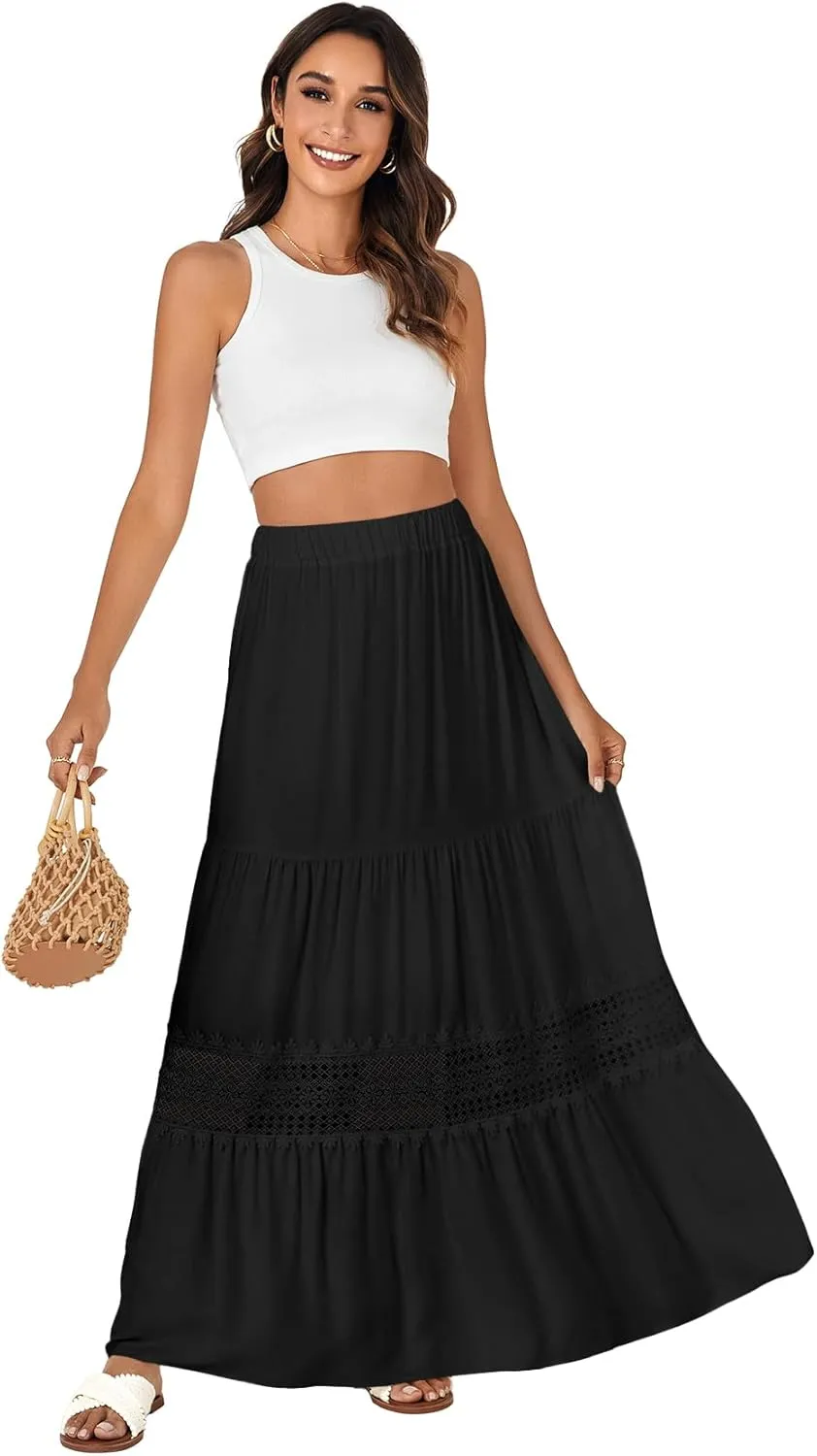 LYANER Women's Ruffle Tiered Long Skirt Elastic High Waist Pleated Lace Trim A-line Boho Maxi Skirts