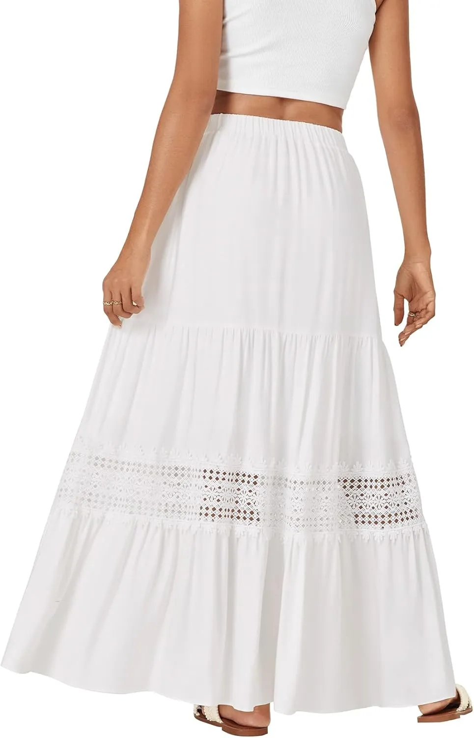 LYANER Women's Ruffle Tiered Long Skirt Elastic High Waist Pleated Lace Trim A-line Boho Maxi Skirts