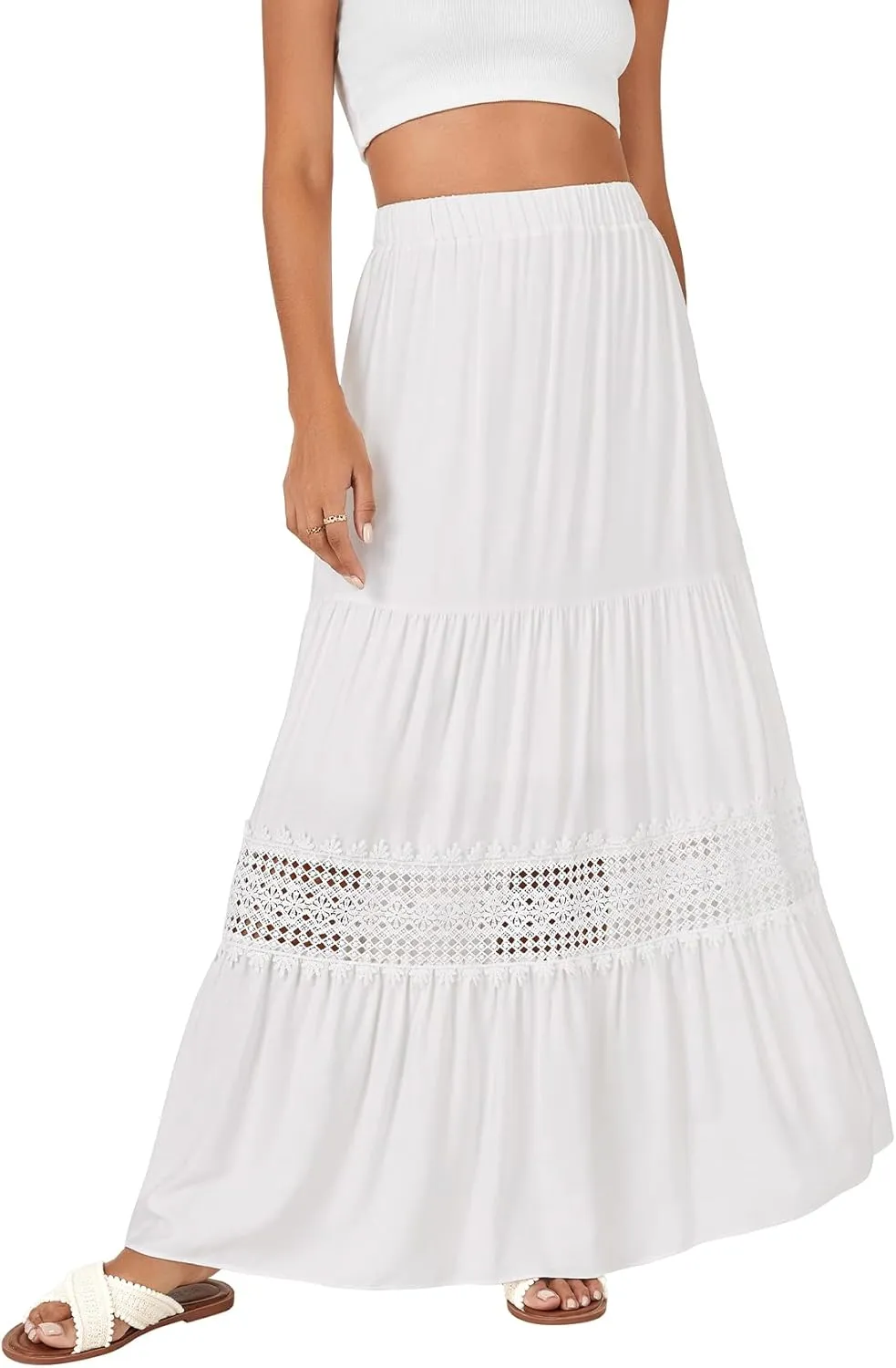LYANER Women's Ruffle Tiered Long Skirt Elastic High Waist Pleated Lace Trim A-line Boho Maxi Skirts