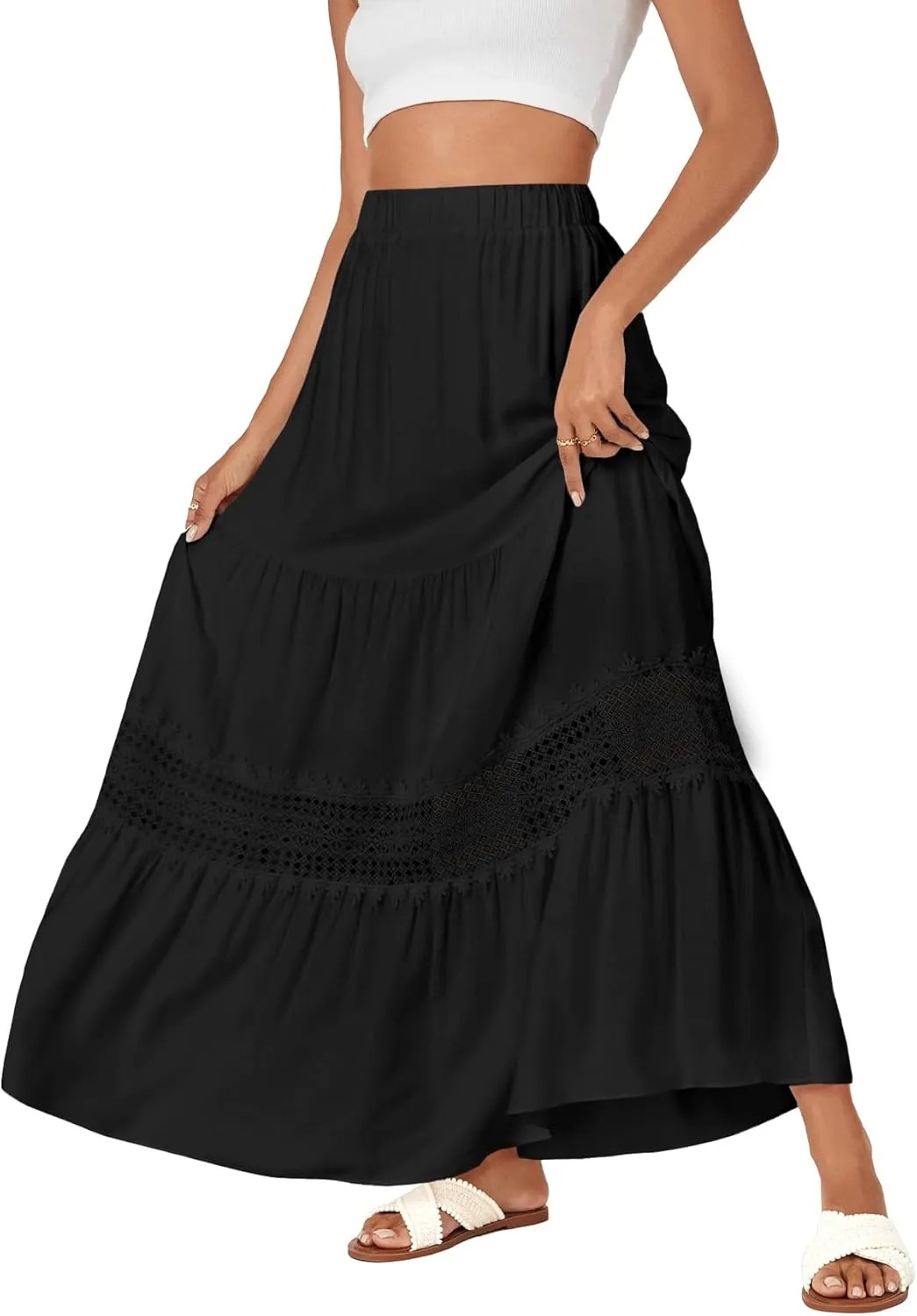 LYANER Women's Ruffle Tiered Long Skirt Elastic High Waist Pleated Lace Trim A-line Boho Maxi Skirts