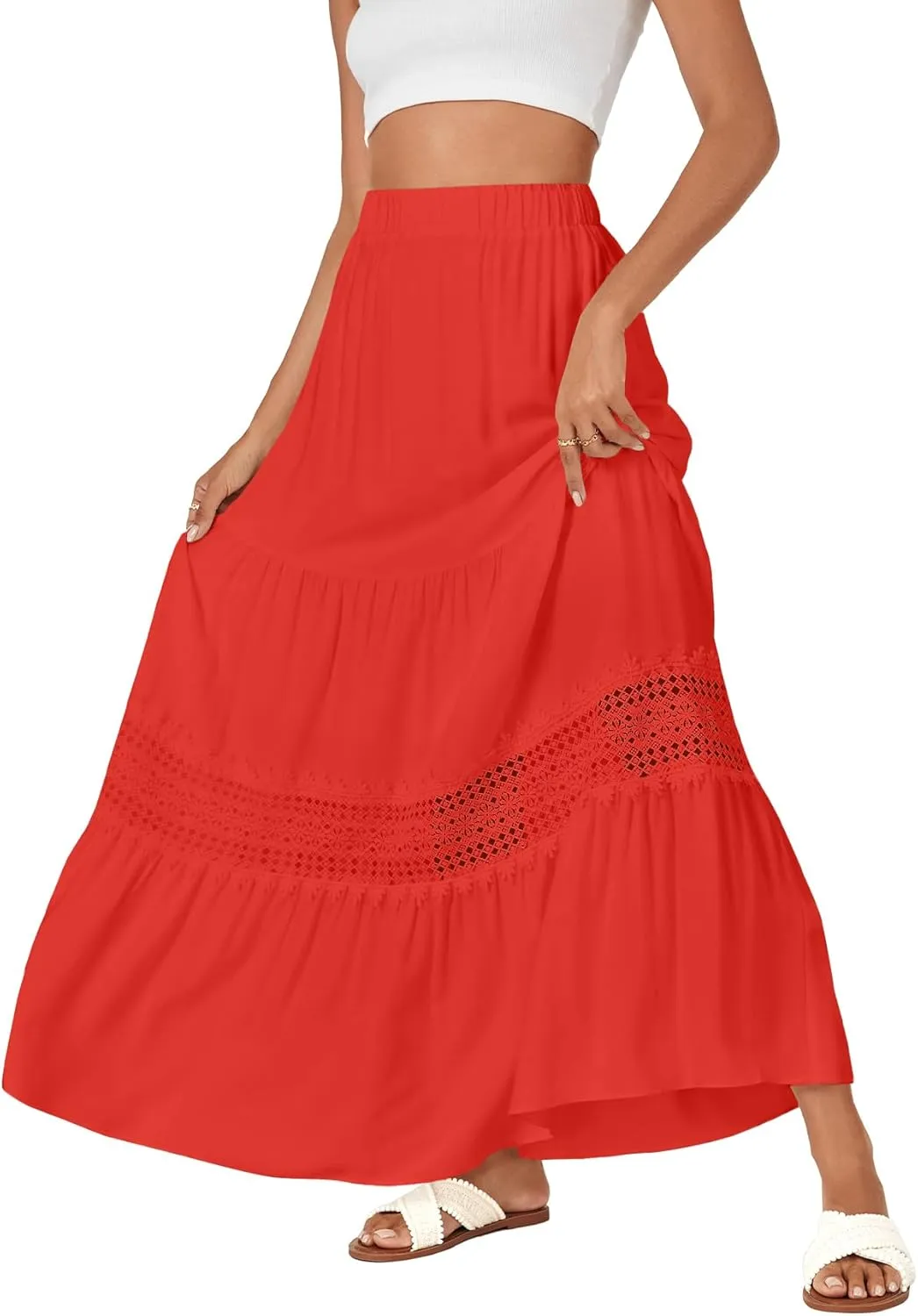 LYANER Women's Ruffle Tiered Long Skirt Elastic High Waist Pleated Lace Trim A-line Boho Maxi Skirts