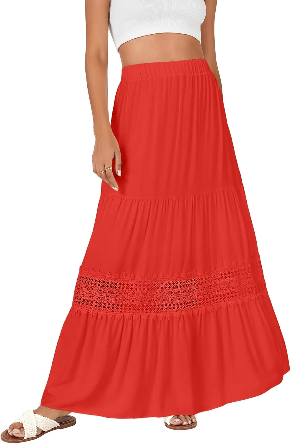 LYANER Women's Ruffle Tiered Long Skirt Elastic High Waist Pleated Lace Trim A-line Boho Maxi Skirts