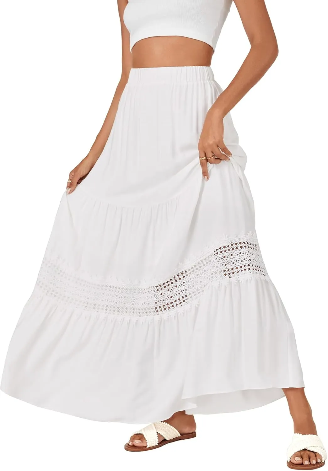 LYANER Women's Ruffle Tiered Long Skirt Elastic High Waist Pleated Lace Trim A-line Boho Maxi Skirts