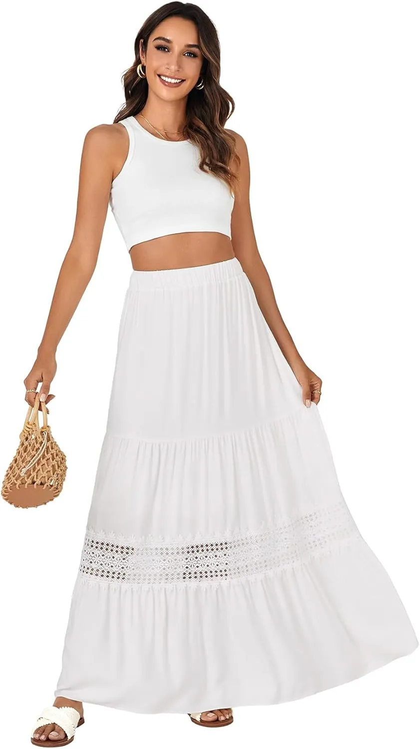 LYANER Women's Ruffle Tiered Long Skirt Elastic High Waist Pleated Lace Trim A-line Boho Maxi Skirts