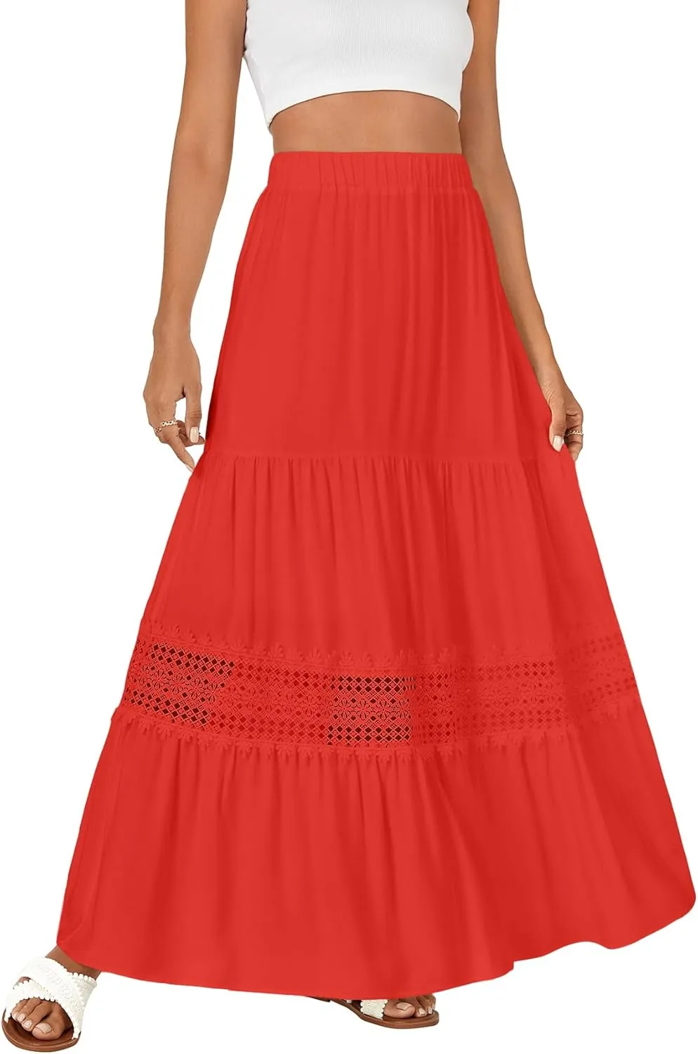 LYANER Women's Ruffle Tiered Long Skirt Elastic High Waist Pleated Lace Trim A-line Boho Maxi Skirts