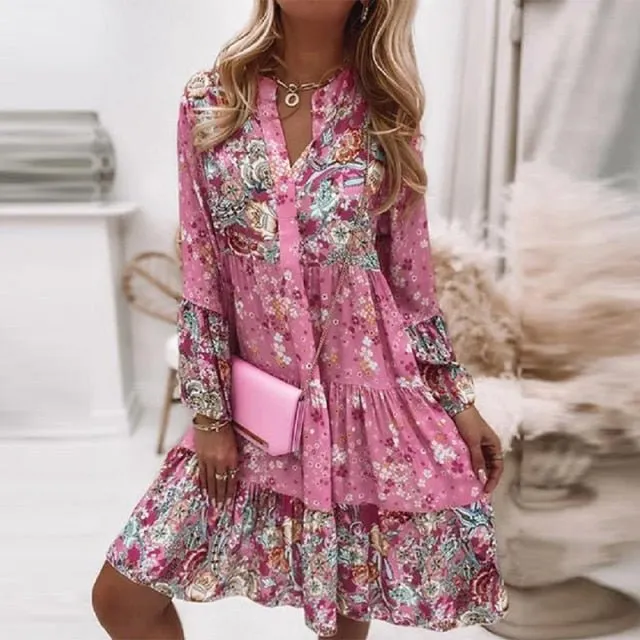 MAFIRRY Marvelous Bohemian Style Print Flare Sleeve Mini Dress