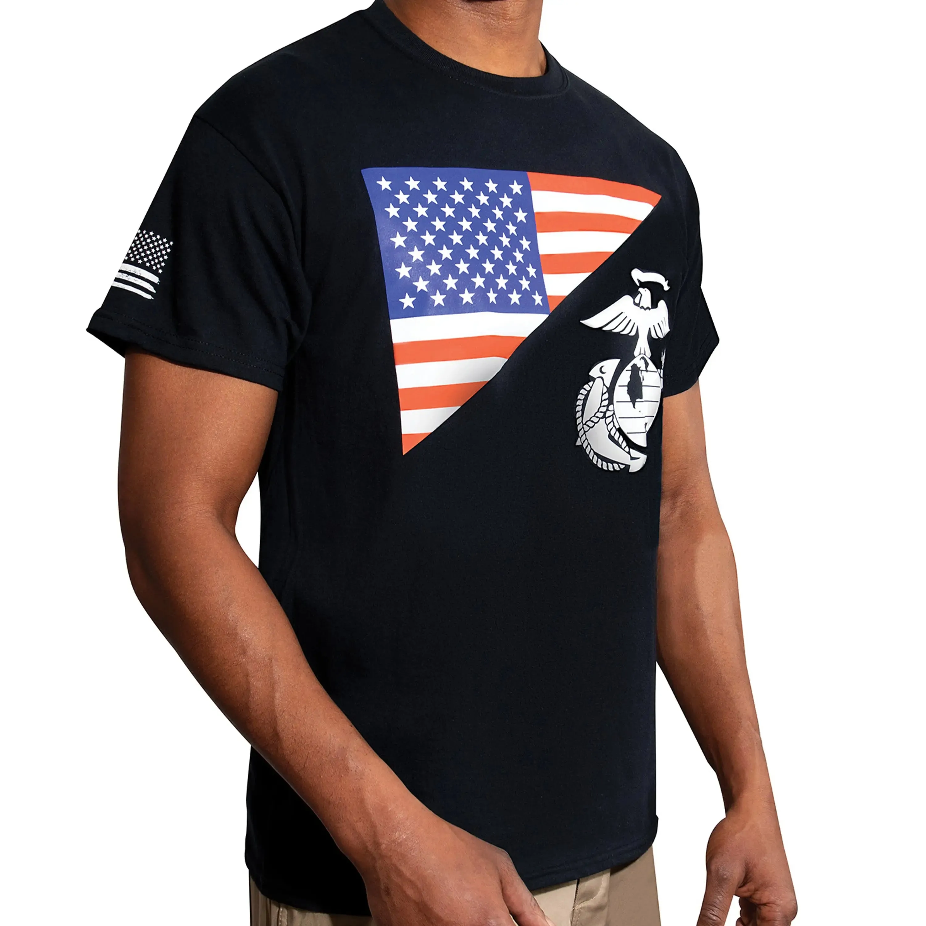 Marines Split Flag & EGA Black Tee with Flag Sleeve