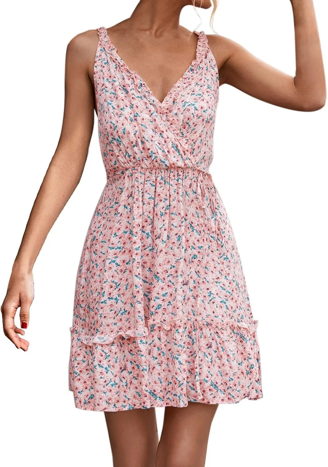 Maxi Sundresses for Women Women's Dresses Summer Floral Printed Ruffle Hem Sleeveless V Neck Beach Mini Dress (Pink, L)