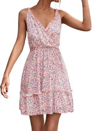 Maxi Sundresses for Women Women's Dresses Summer Floral Printed Ruffle Hem Sleeveless V Neck Beach Mini Dress (Pink, L)