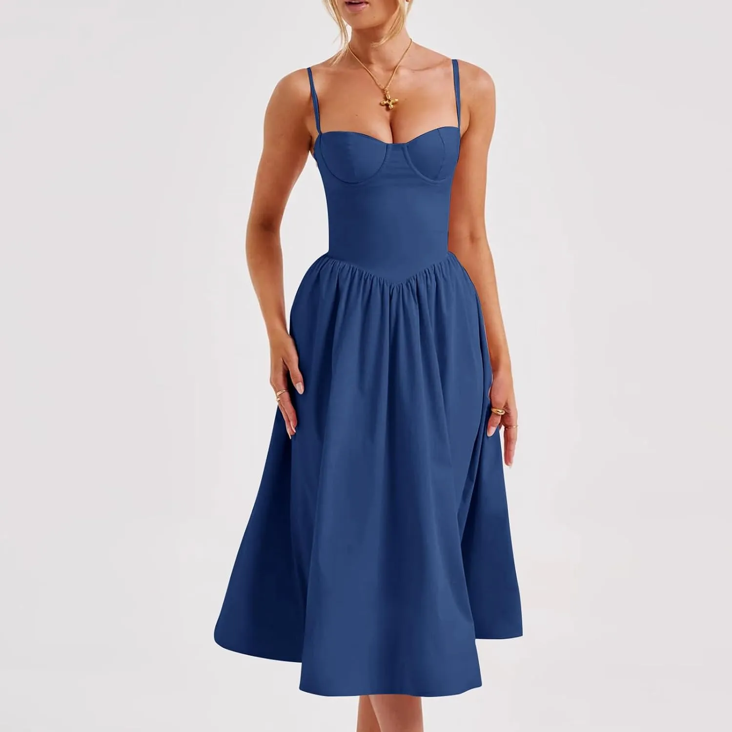 midelxp Corset Dress for Women Formal Spaghetti Strap Bustier Midi Dresses Flowy Pleated Hem Corset Sundress with Pockets