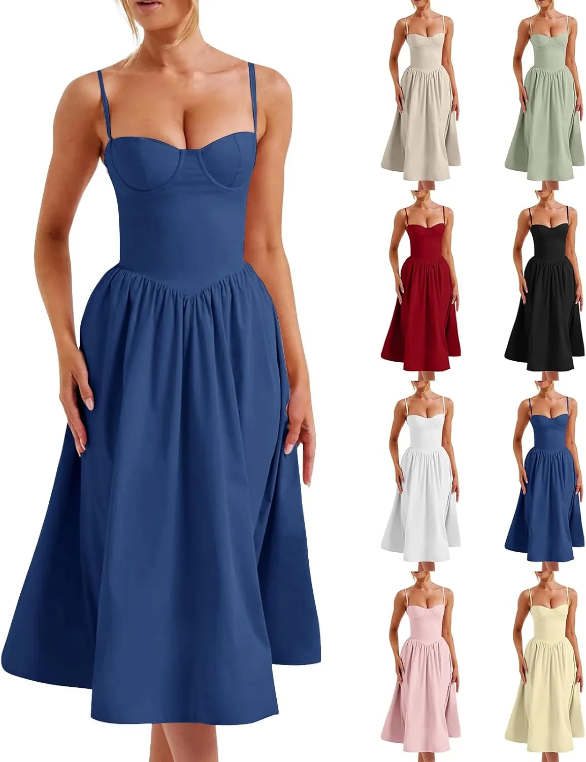 midelxp Corset Dress for Women Formal Spaghetti Strap Bustier Midi Dresses Flowy Pleated Hem Corset Sundress with Pockets
