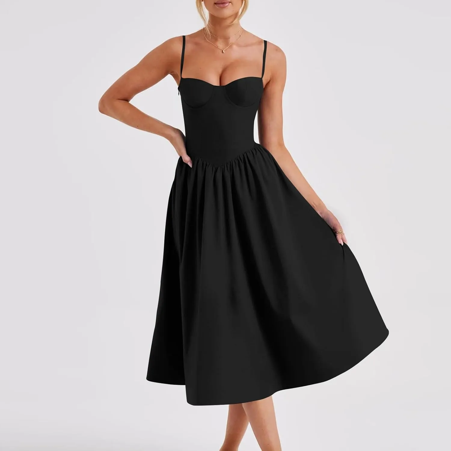 midelxp Corset Dress for Women Formal Spaghetti Strap Bustier Midi Dresses Flowy Pleated Hem Corset Sundress with Pockets
