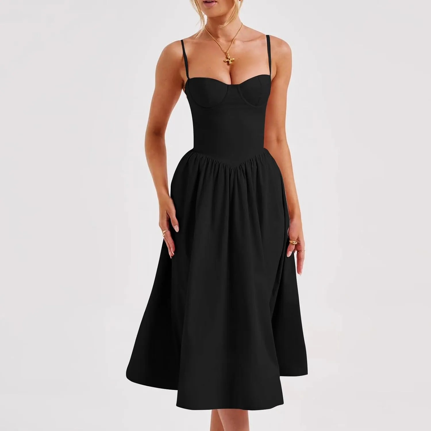 midelxp Corset Dress for Women Formal Spaghetti Strap Bustier Midi Dresses Flowy Pleated Hem Corset Sundress with Pockets