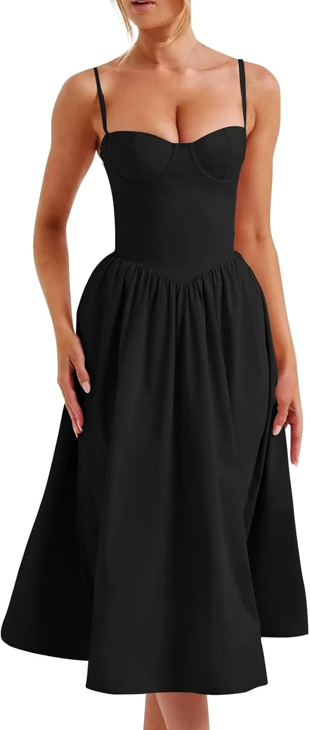 midelxp Corset Dress for Women Formal Spaghetti Strap Bustier Midi Dresses Flowy Pleated Hem Corset Sundress with Pockets