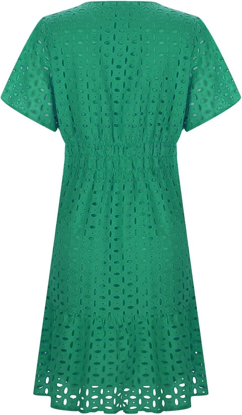 Mini Dress for Women 2025 Summer Short Dresses V Neck Short Sleeve a Line Hollow Out Lace Ruffle Cute Party Dresses