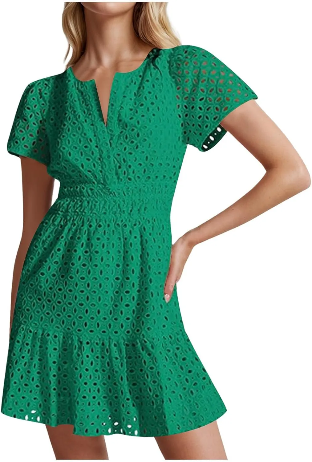 Mini Dress for Women 2025 Summer Short Dresses V Neck Short Sleeve a Line Hollow Out Lace Ruffle Cute Party Dresses