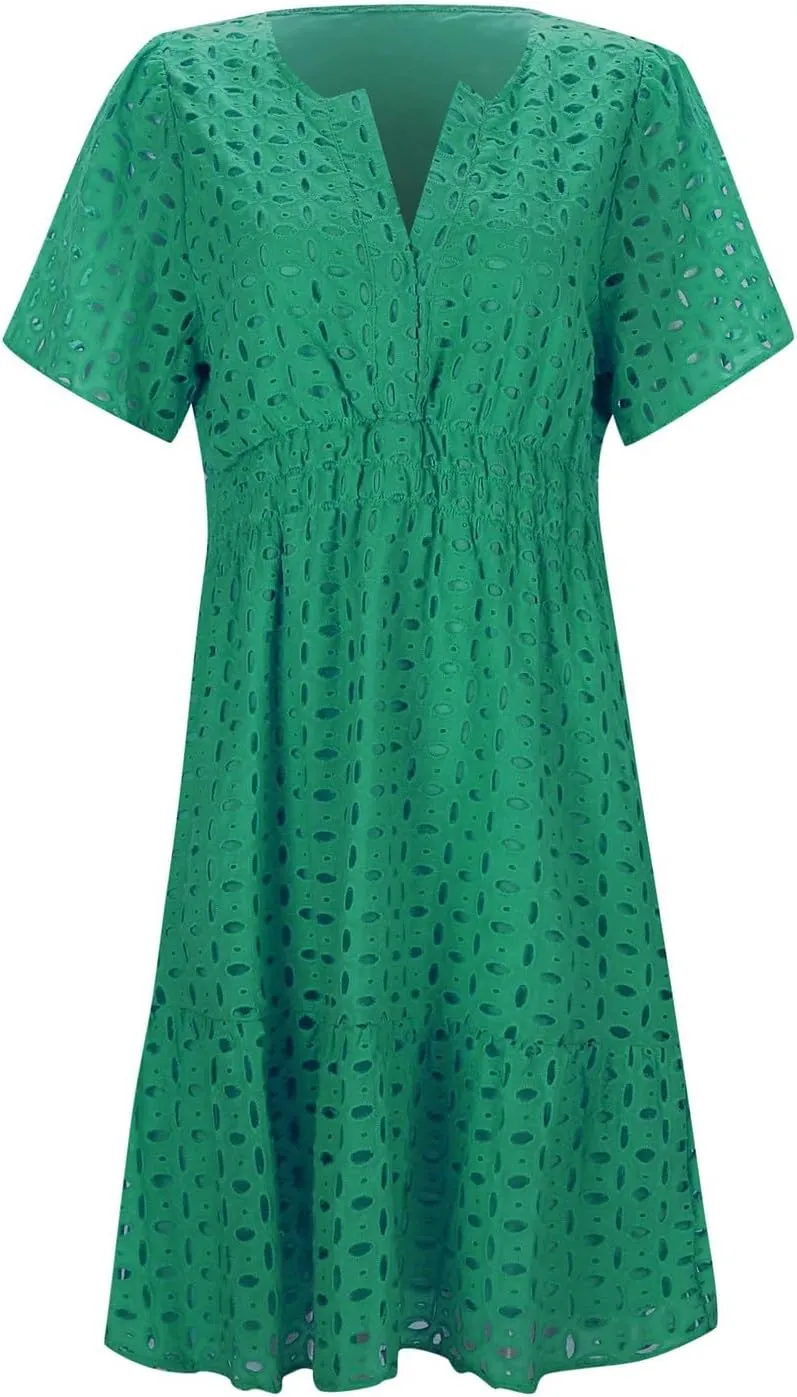 Mini Dress for Women 2025 Summer Short Dresses V Neck Short Sleeve a Line Hollow Out Lace Ruffle Cute Party Dresses