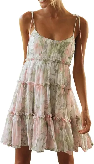 Mini Dresses for Women 2025 Casual Summer Flowy Cami Ditsy Floral Dress Chiffon Tiered Ruffle Beach Sundress
