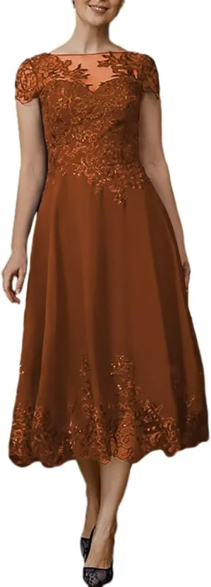Mother of The Bride Dresses for Wedding Chiffon Tea Length Evening Dress Lace Formal Party Gown