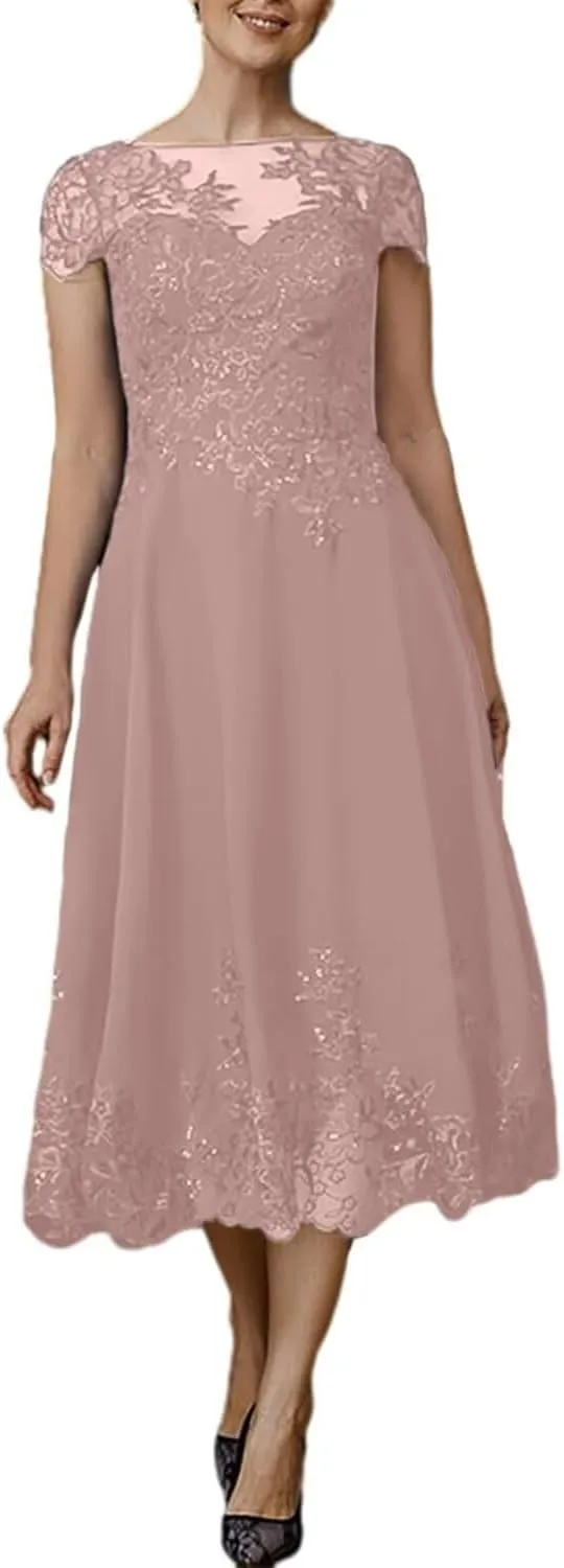 Mother of The Bride Dresses for Wedding Chiffon Tea Length Evening Dress Lace Formal Party Gown