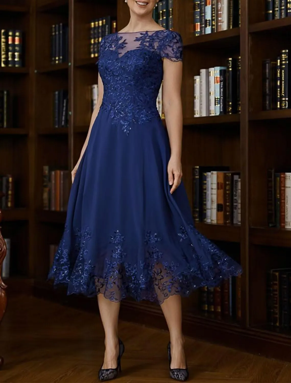 Mother of The Bride Dresses for Wedding Chiffon Tea Length Evening Dress Lace Formal Party Gown