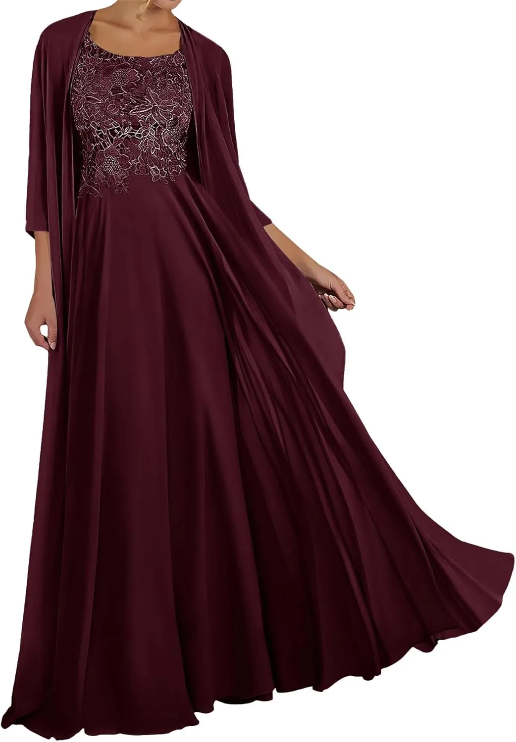 Mother of The Bride Dresses for Wedding Long Sleeve Chiffon Evening Dress Lace Formal Gowns with Jacket