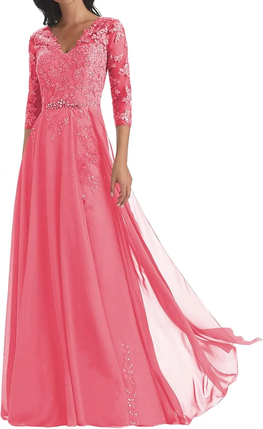 Mother of The Bride Dresses Long Sleeve Lace Formal Gowns V Neck Chiffon Evening Dress