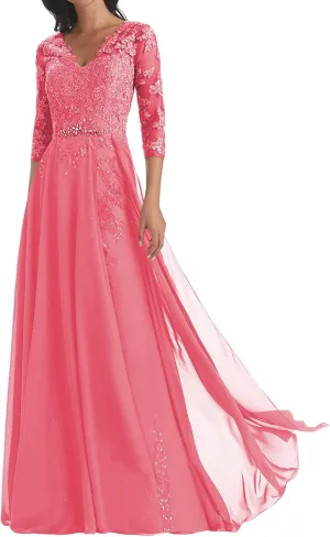 Mother of The Bride Dresses Long Sleeve Lace Formal Gowns V Neck Chiffon Evening Dress