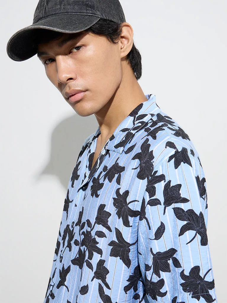 Nuon Blue Floral Pattern Relaxed-Fit Shirt