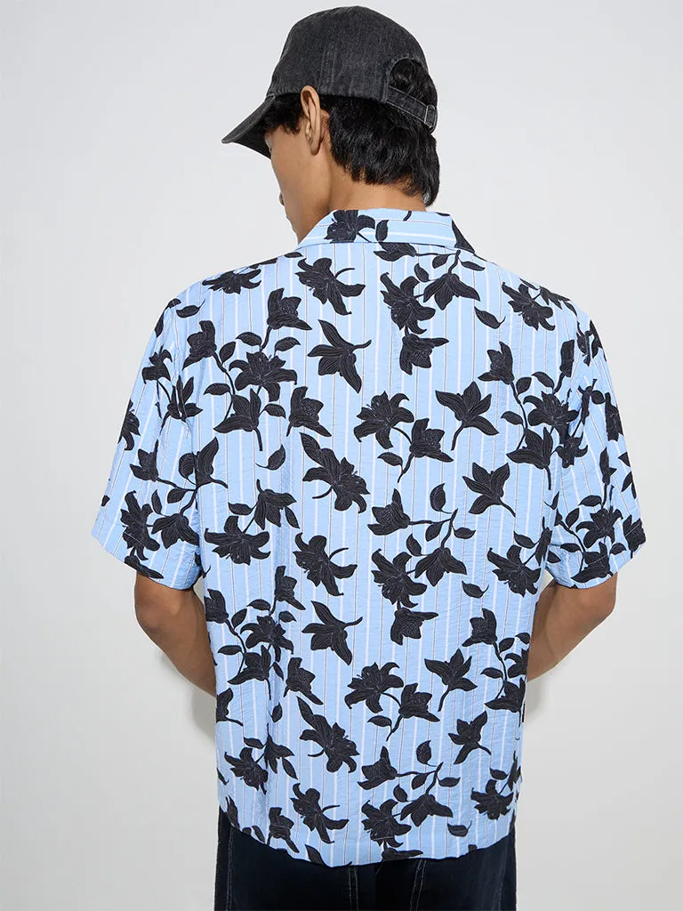 Nuon Blue Floral Pattern Relaxed-Fit Shirt
