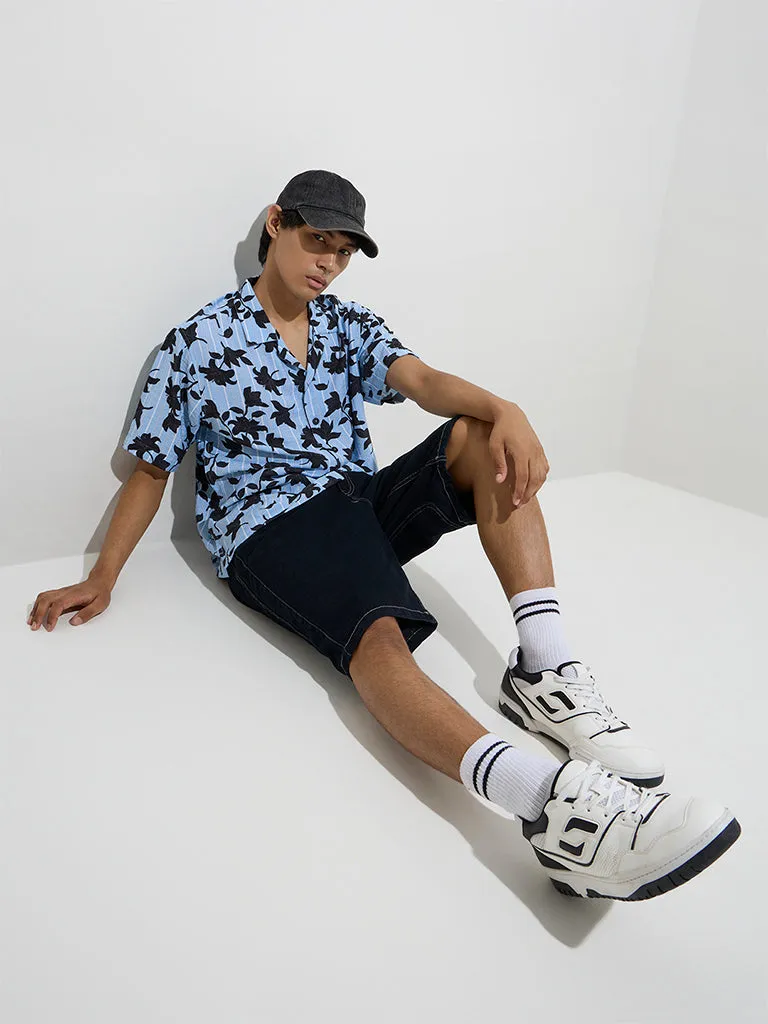 Nuon Blue Floral Pattern Relaxed-Fit Shirt