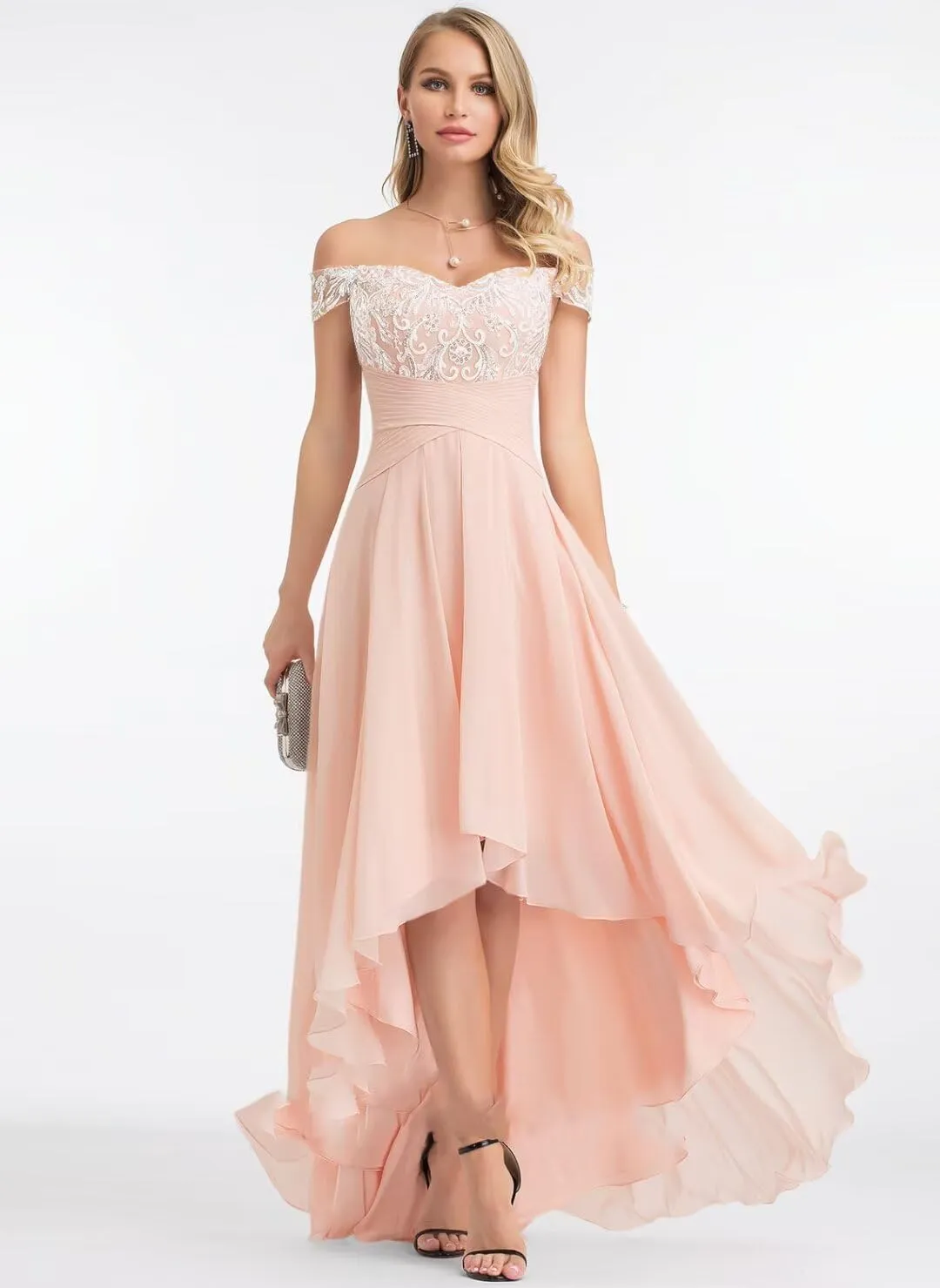 Off Shoulder Lace Chiffon Bridesmaid Dress High Low Mother of The Bride Dresses for Women A Line Formal Gown