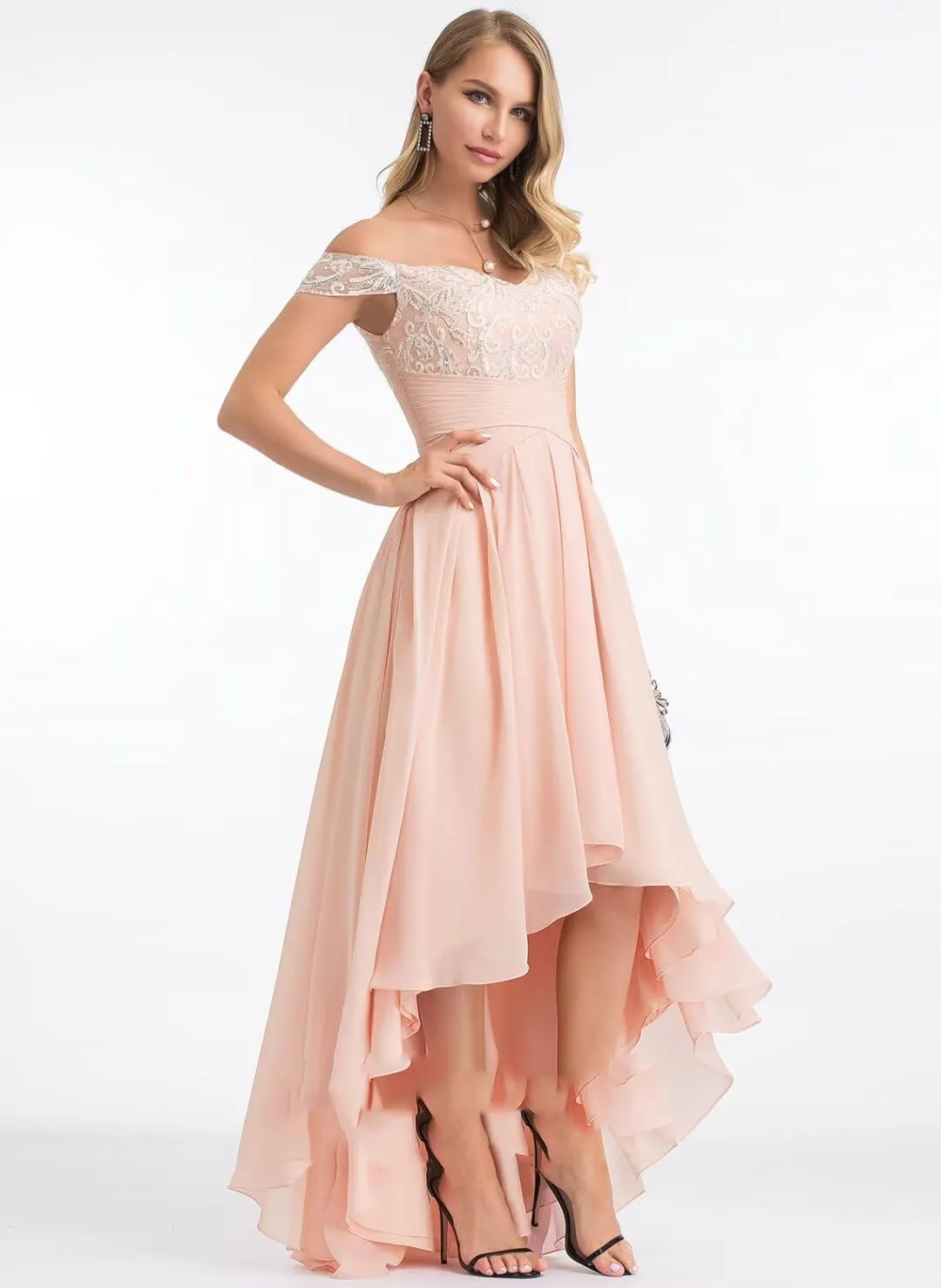 Off Shoulder Lace Chiffon Bridesmaid Dress High Low Mother of The Bride Dresses for Women A Line Formal Gown