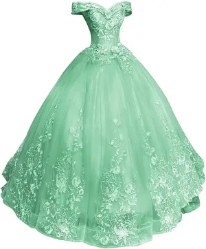 Off Shoulder Quinceanera Dresses Ball Gown Tulle Prom Dress Lace Applique Princess Long Formal Evening Sweet 16 Dresses
